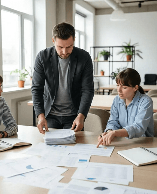 Advisors reviewing documents